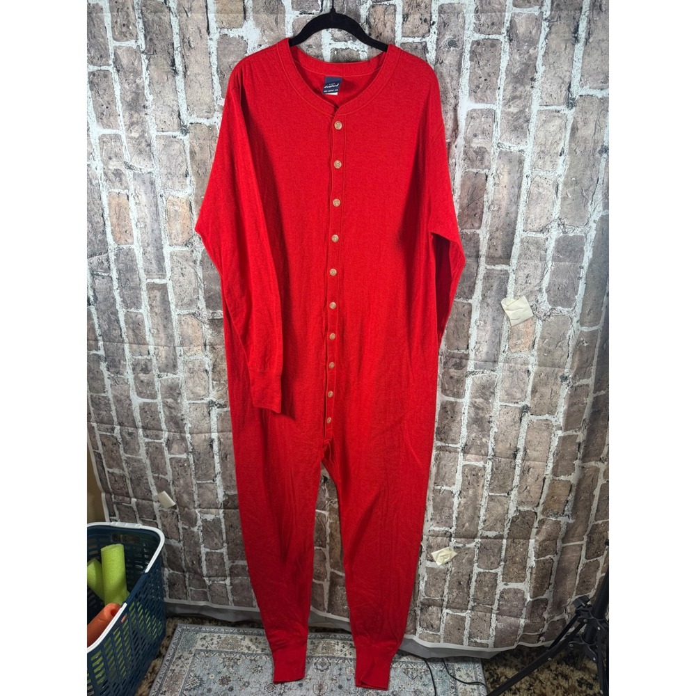 VTG 90s Duofold Red Wool Blend Henley Union Suit L Thermal Long Johns USA